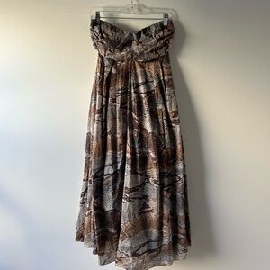 L"Agence brown and grey snake printed strapless silk blend dress